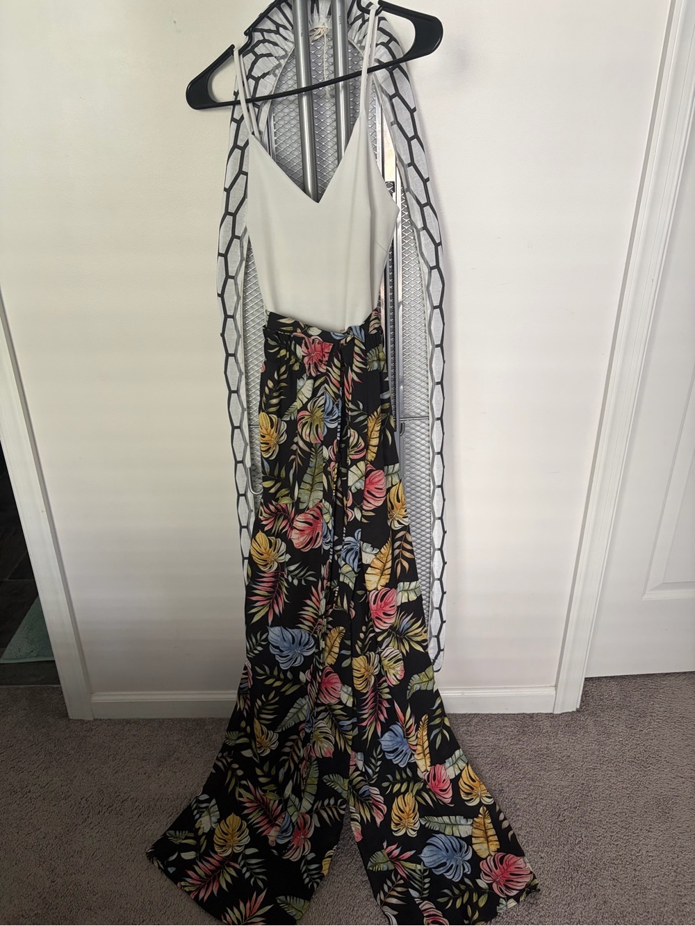 White & Black Tropical Print Jump Suit